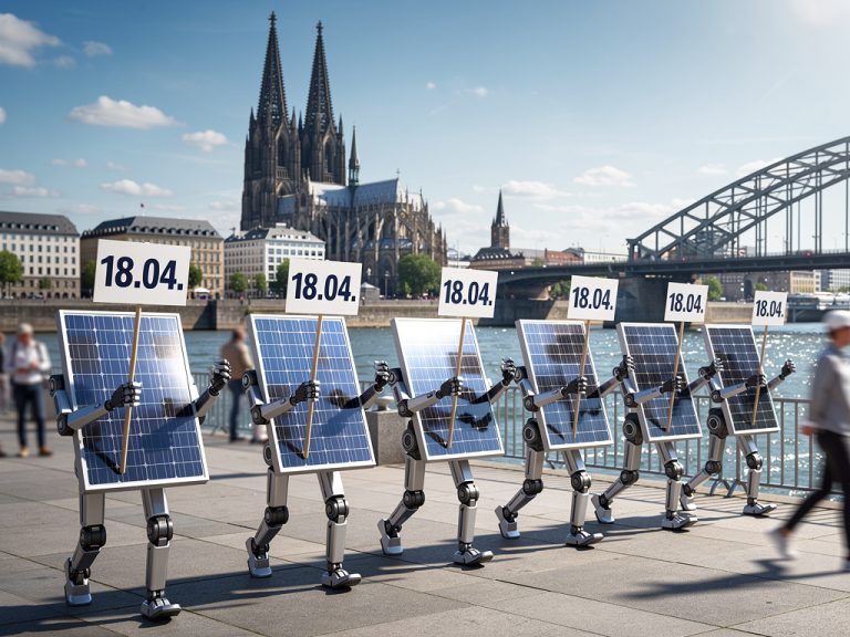 Demonstration von Solarpanels. Im Hintergrund sind der Kölner Dom und die Rheinbrücke zu sehen.
